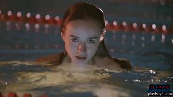 Petite teen hottie Vi Shy skinny dips in a pool late night